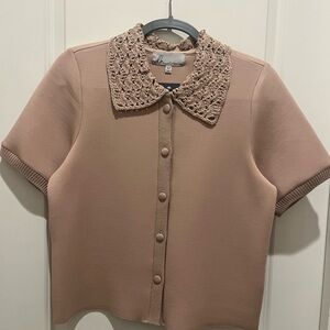 dh NEW YORK Crochet Collar Button Down Shirt - Tan